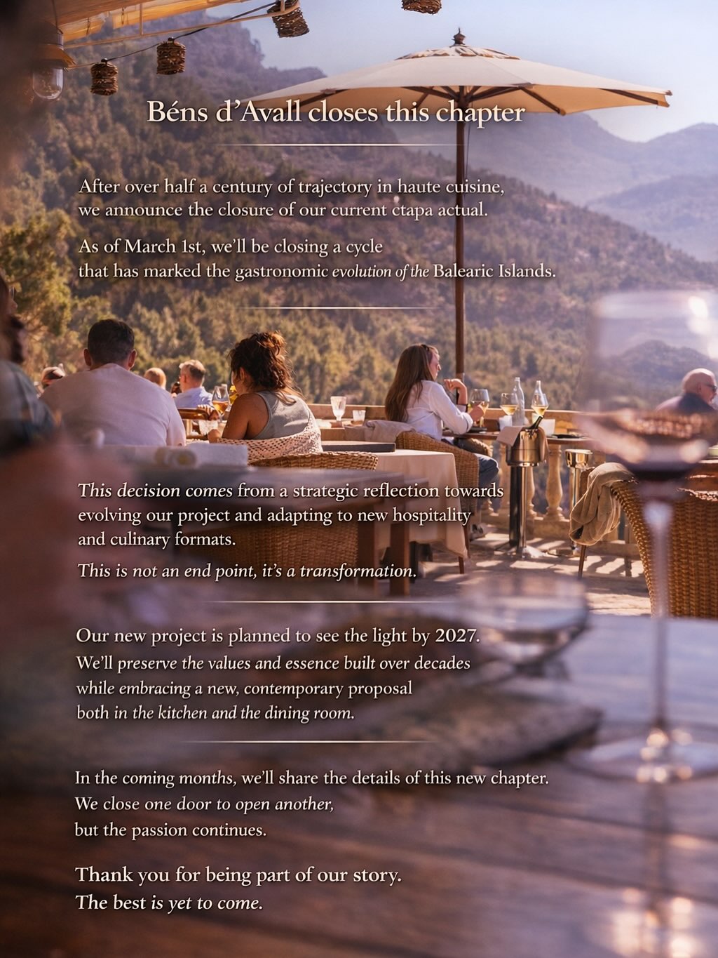 Soller - Bens d'Avall closes for 2026 A new chapter opens in 2027 ...