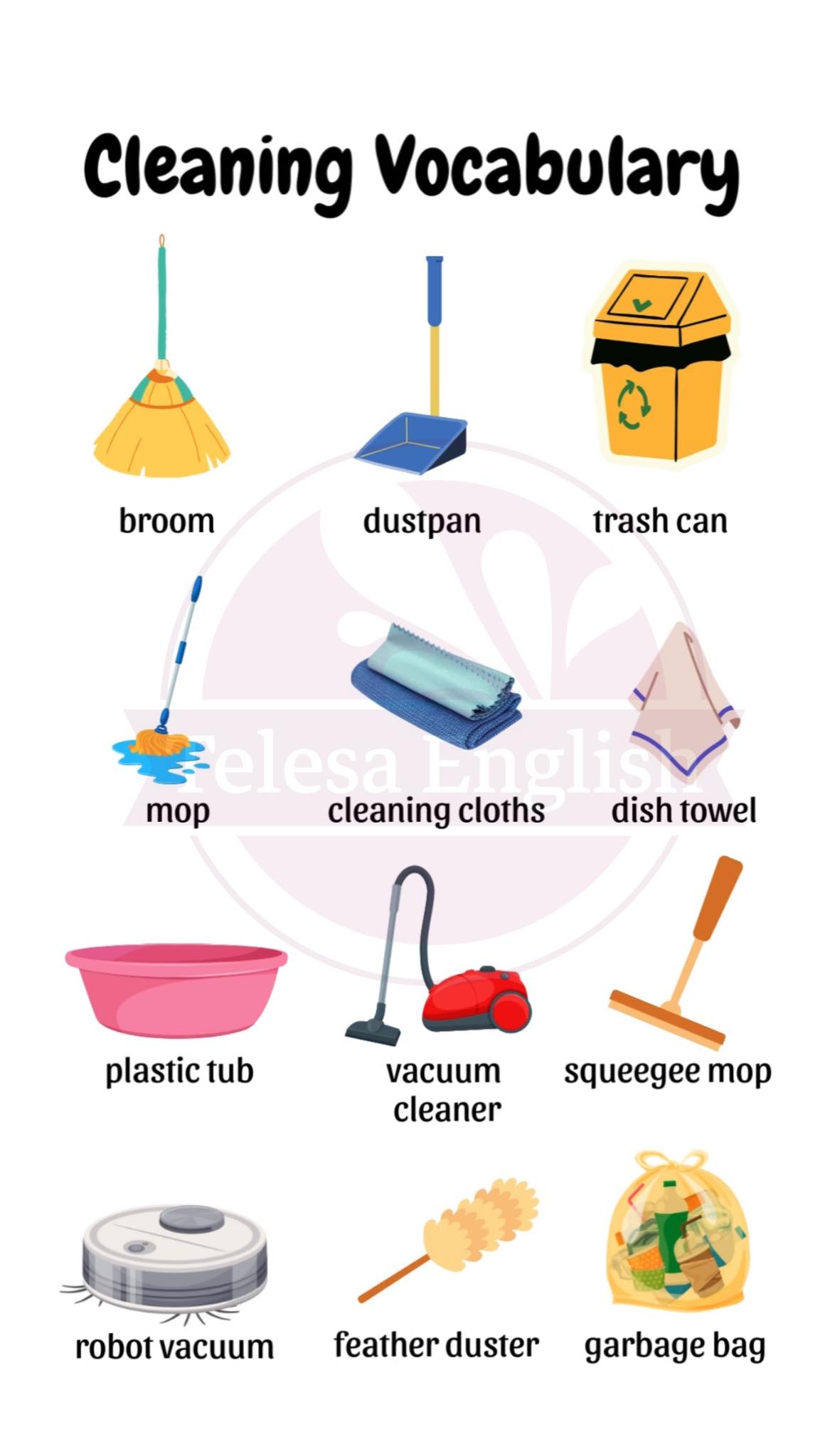 Học - CLEANING VOCABULARY – TỪ VỰNG DỌN DẸP 1. Broom /brum/ → Chổi quét ...