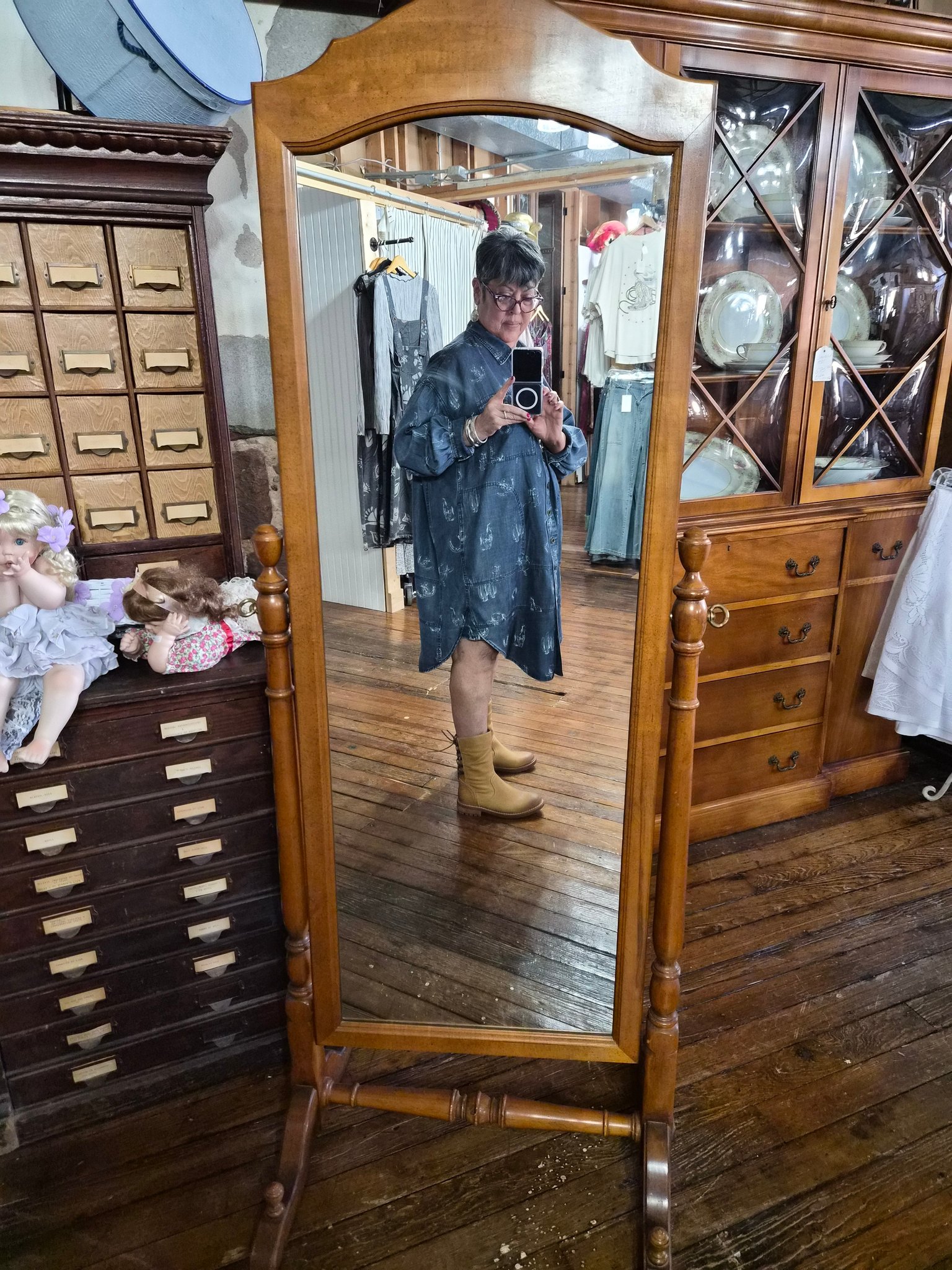 easel denim dress Ladies Mineral Washed Rib Knit and Cotton Woven Mix Cargo Maxi b  MZ's Stuff and Things Small Bust Easel Denim Midi Dresses for