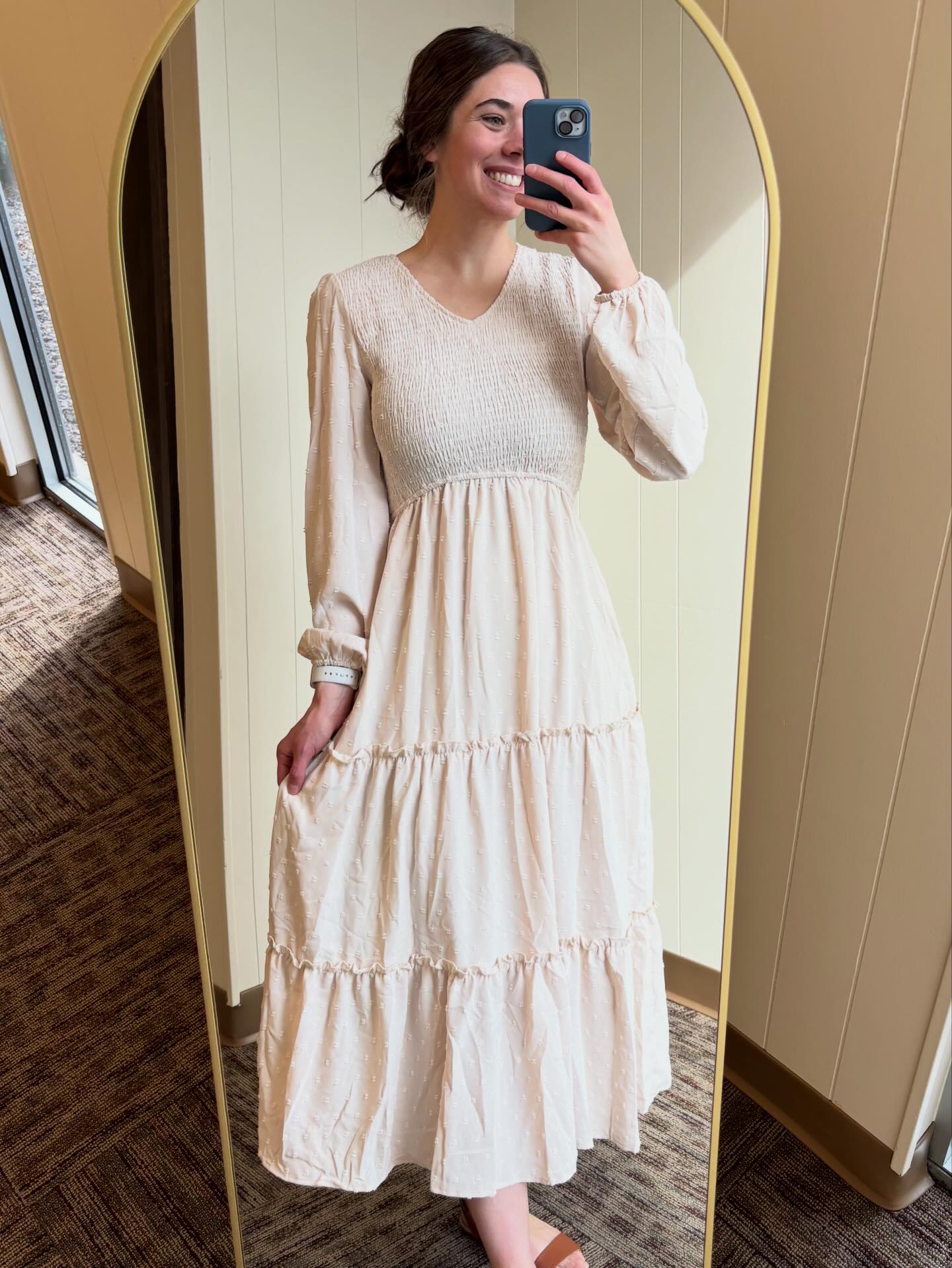 flowy spring dresses with sleeves Currently LOVING this dress for spring! Light, flowy, comfortable, and effortlessly elegant! And the light cream color is simply beautiful😍😍 #belovedclothingco #springdresses #boutiquedresses #modestdresses #peoriailboutique belted midi dress