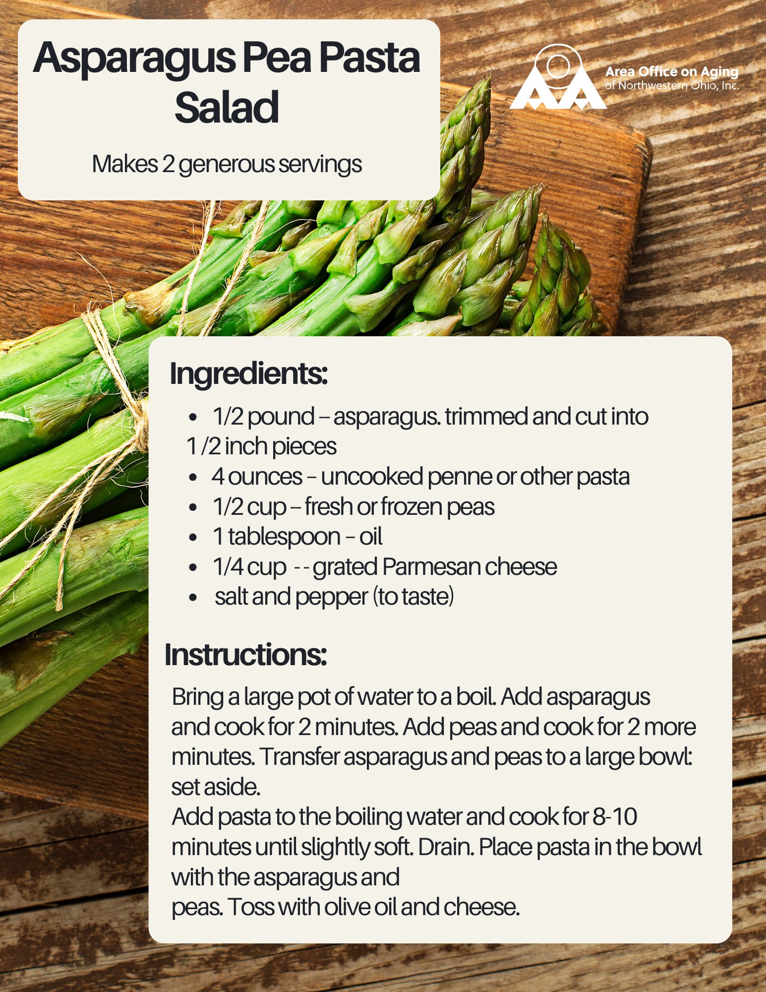 Hi Friends! In today's edition of Wellness Wednesday, try out this recipe: Asparagus Pea Pasta Salad. Benefits: It supports healthy gut bacteria with some prebiotic food sources. Fun Fact: Asparagus is a
