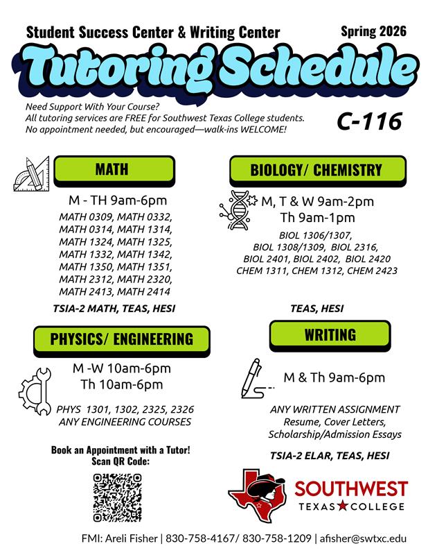 Southwest - 📚 Spring 2026 Tutoring Schedule FREE tutoring all semester ...