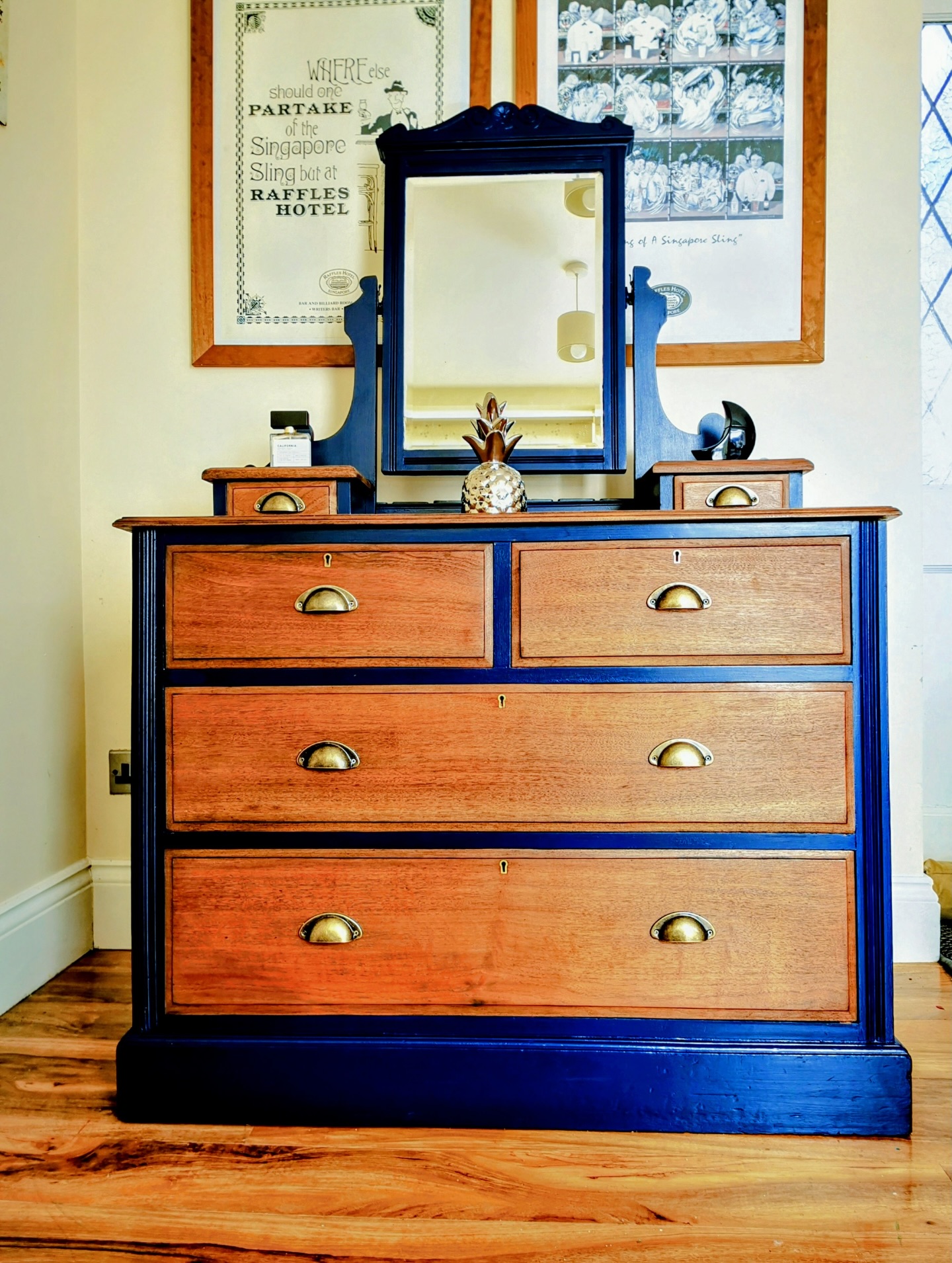 Have a look at this stunning upcycled Victorian dressing table with original bevelled mirror and 6 drawers. We rescued this from going to landfill and carefully and lovingly restored it back to