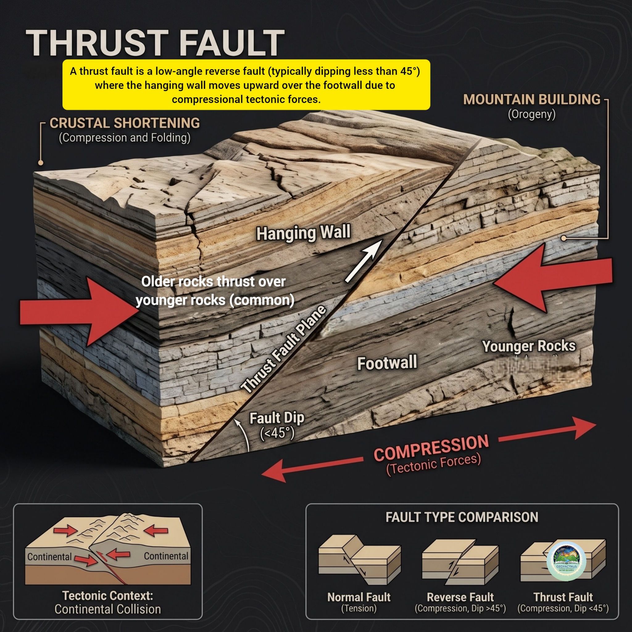 🏔️ Thrust Fault: When Earth's crust is squeezed, mountains rise