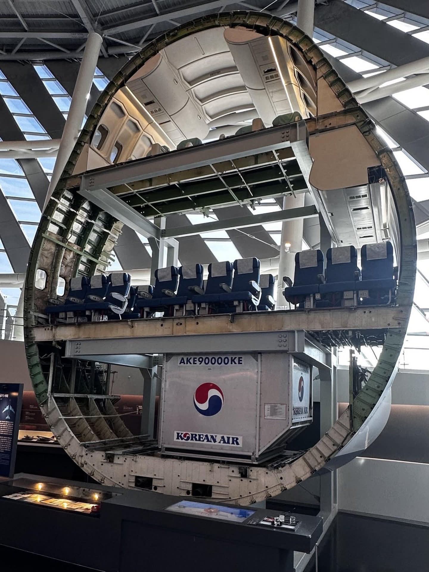 A full size Boeing 747 fuselage cross section on display at