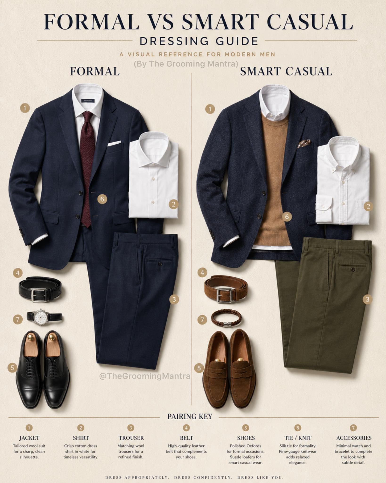 Formal vs Smart Casual is where most men get it wrong. Formal is sharp structure, matching layers, polished shoes, and clean lines. Smart casual is relaxed tailoring, texture, and easy confidence. Know
