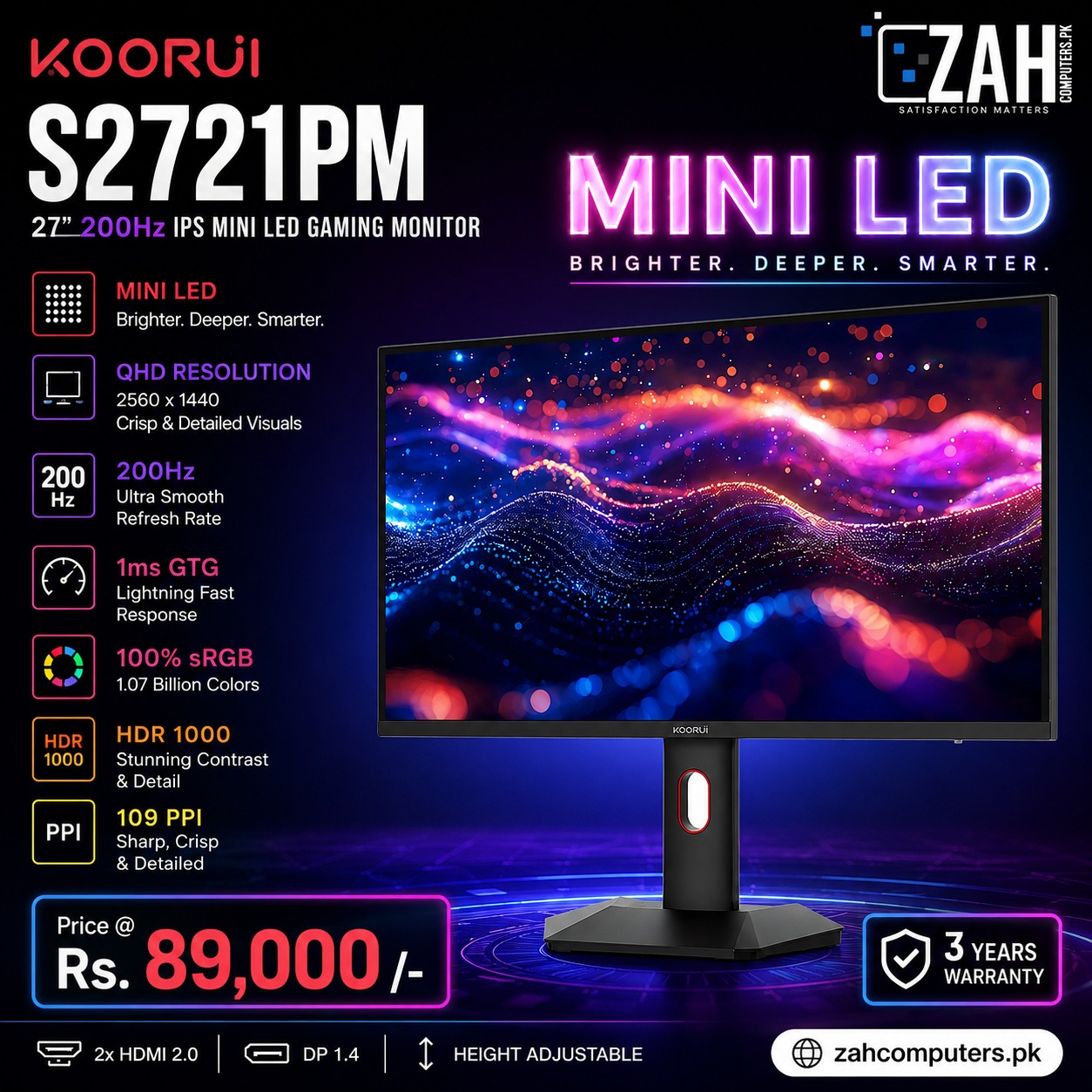 KOORUI S2721PM 27″ 200Hz 1ms IPS Mini LED QHD (2560*1440) Display