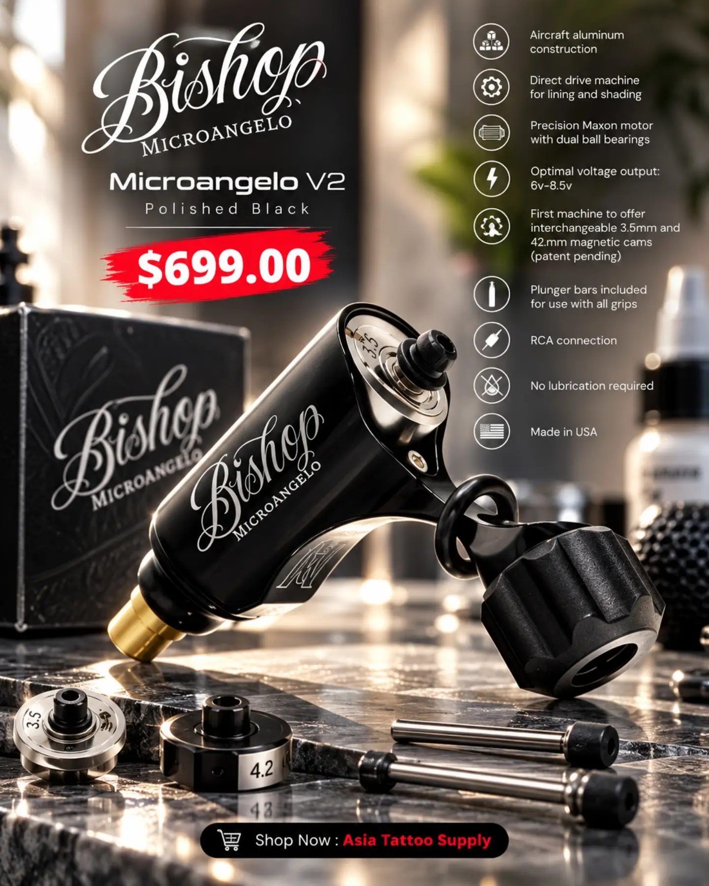 Bishop microangelo v2 tattoo machine polished black