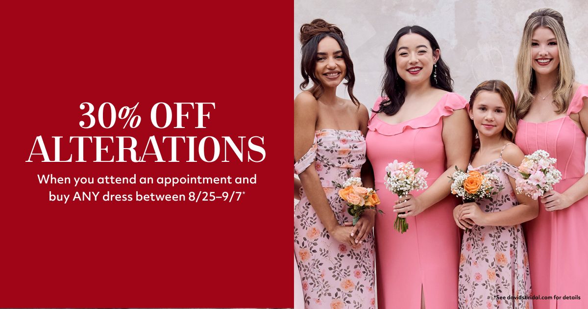 davids bridal bridesmaid dress alterations Bridesmaids, flower girls, this one's for your whole crew. 💐 Diamond Members can get 30% off when you buy any at an appointment 8/25–9/7. That means everyone can show up Dress Code Decoded: PALM Size:17. XL 34-35 Sleeve menu: rts