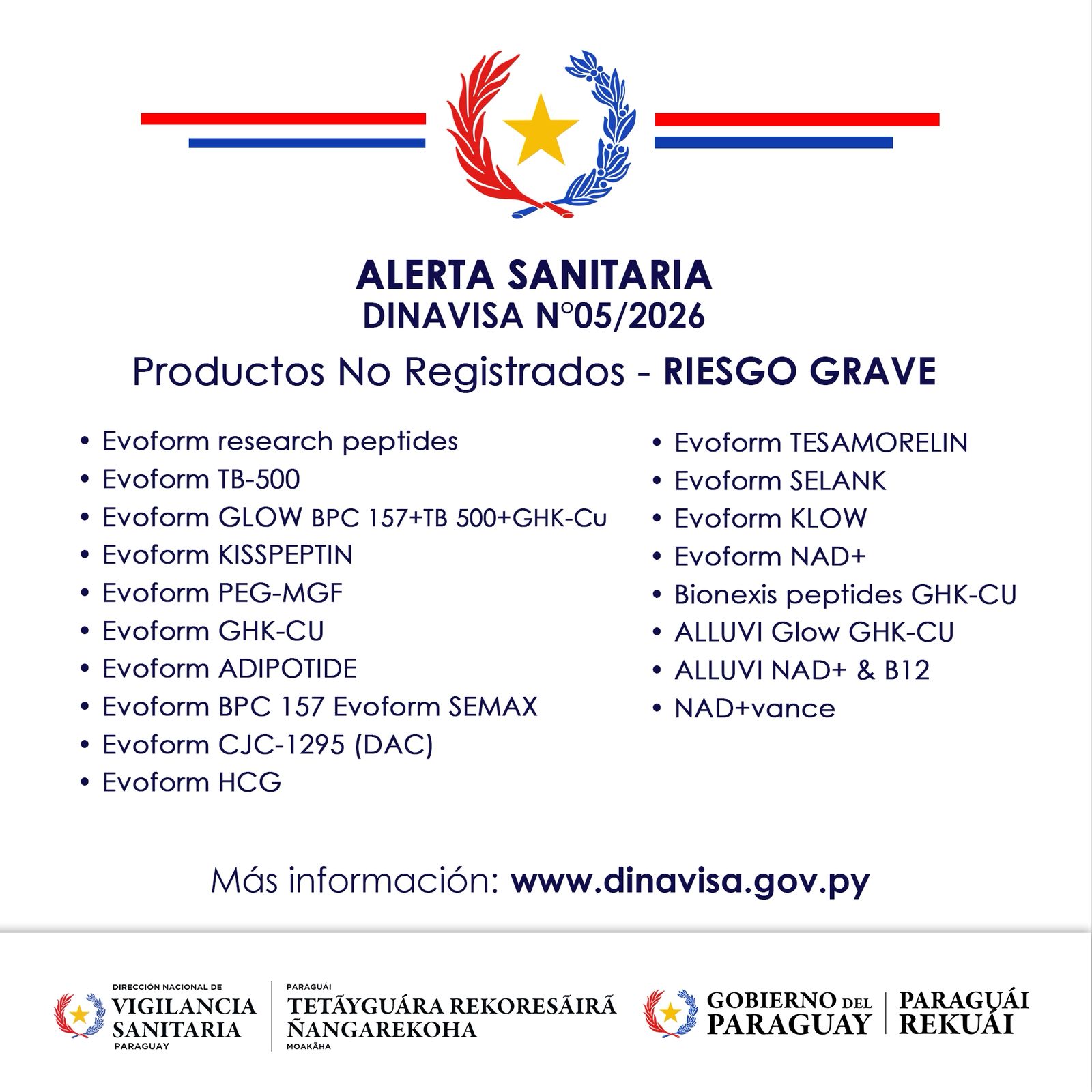 ⚠️ @dinavisapy informa la comercialización no autorizada en el territorio nacional de productos que declaran o presumen contener PÉPTIDOS Estos productos no cuentan con Registro Sanitario vigente en Paraguay, por lo que