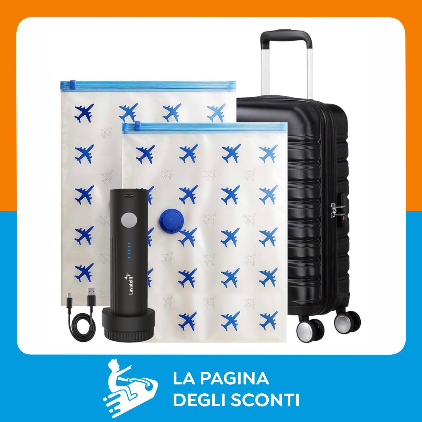 Kit Sottovuoto Lavatelli Vac-U-Set – Pompa Wireless USB-C + 2 Sacchetti 40x60 Cm, Per Trolley E Armadio, Risparmio Spazio Fino All'80%