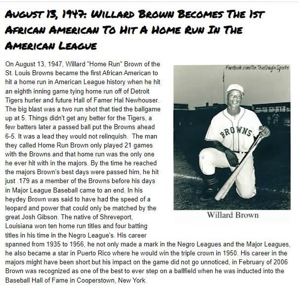 MLB 1950-59 | August 13, 1947, Willard Brown (Shreveport, La) made his ...