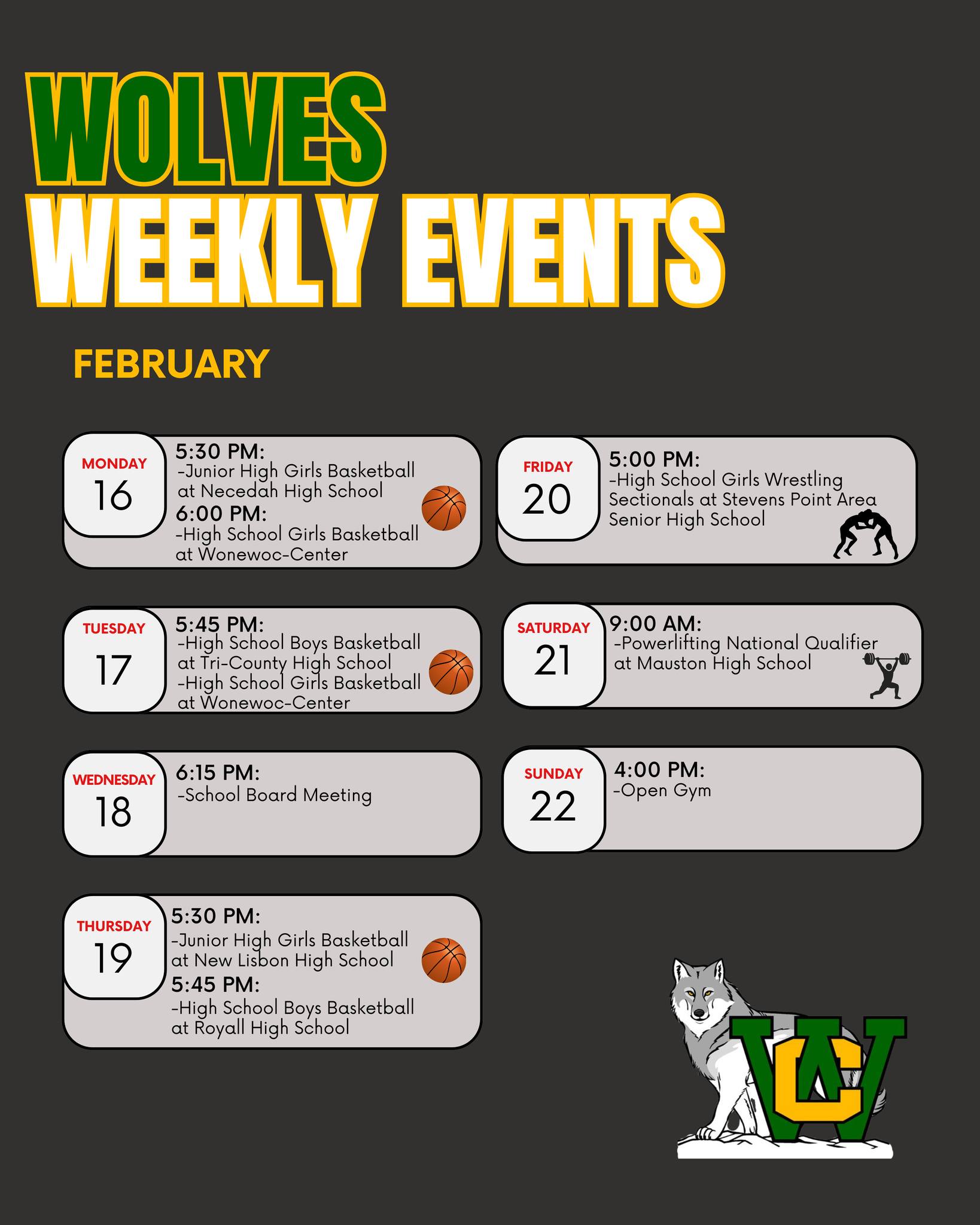 🐺 WOLVES WEEKLY EVENTS 🐺 Here’s... - Wonewoc-Center School | Facebook