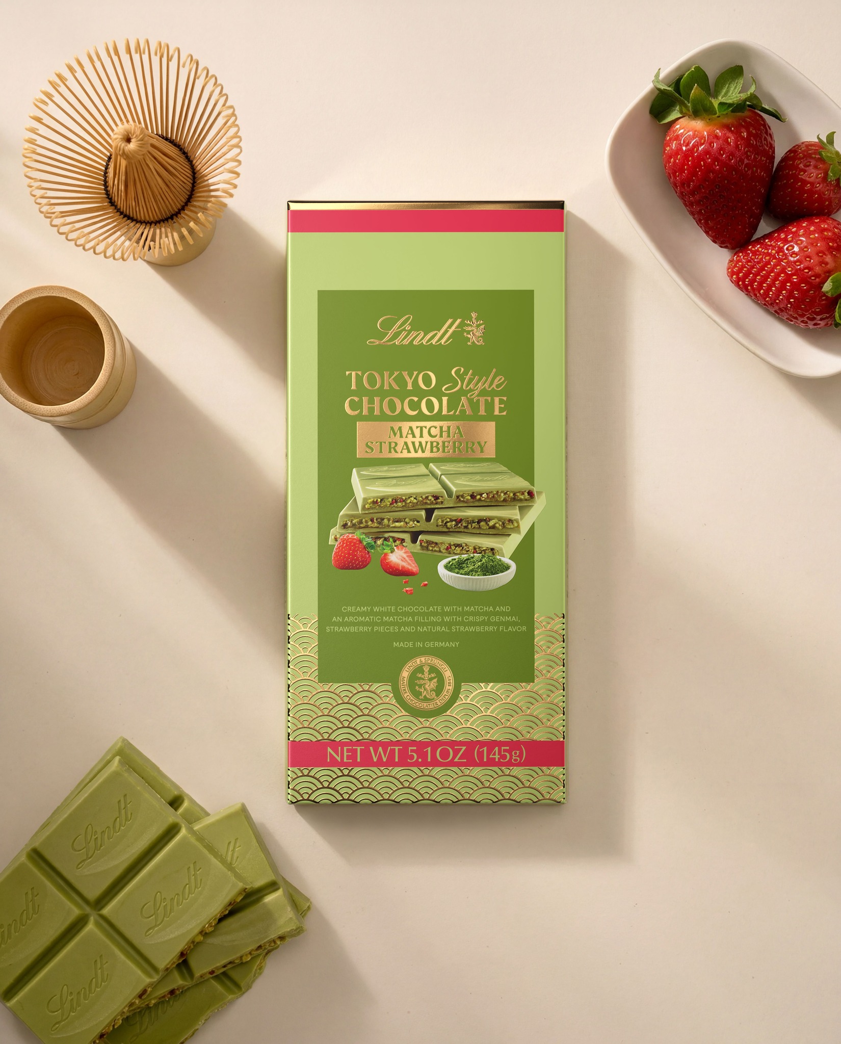 Delish! NEW Lindt Tokyo Style Chocolate Matcha Strawberry. Creamy