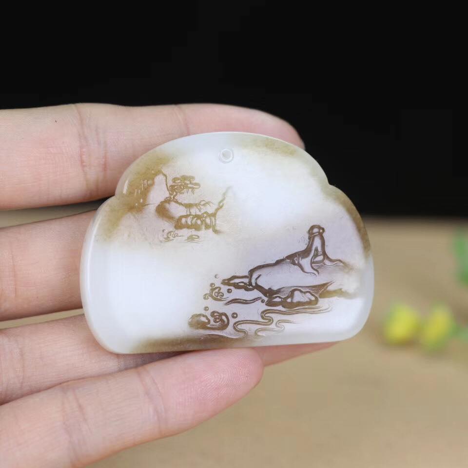 3000【意境山水】精品和田玉糖白玉挂件玉质极其细腻油润精工巧雕画面