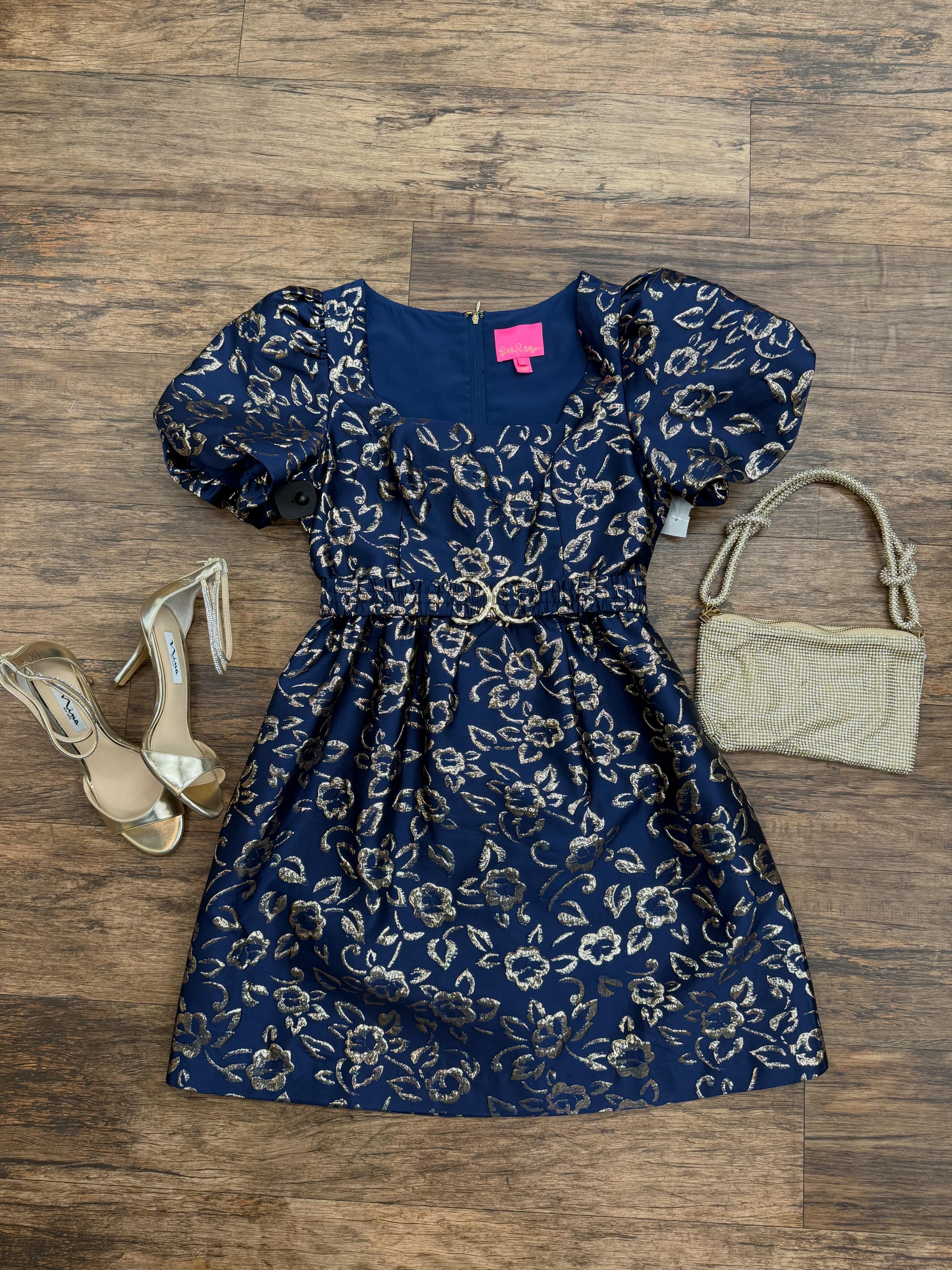 Navy and gold cocktail dress outfit for evening