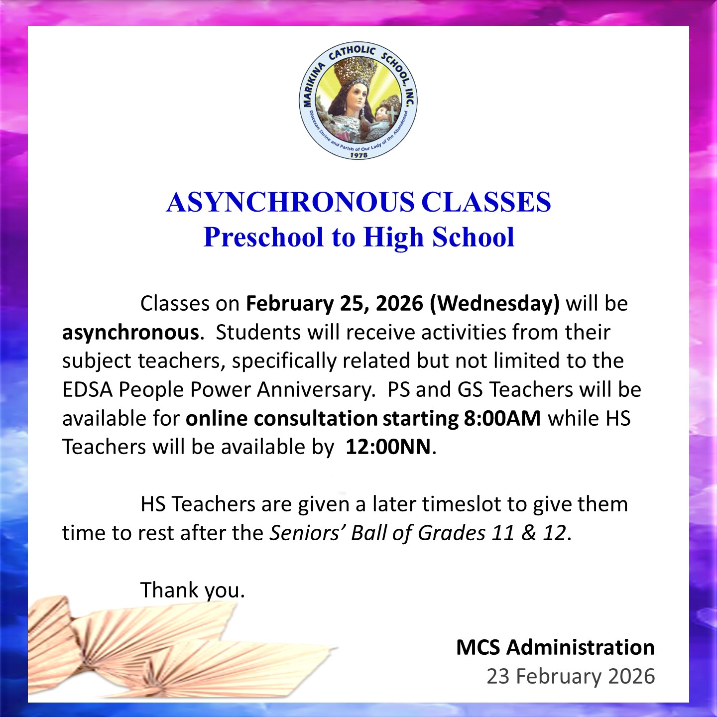 📢 Asynchronous Classes Advisory... - Marikina Catholic School | Facebook