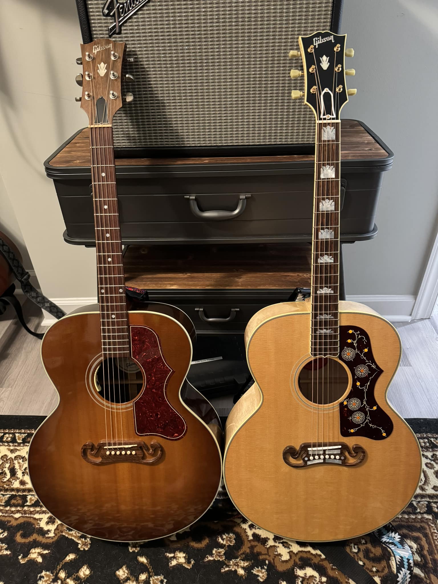 Gibson J-200 and J-100 guitar models, including English walnut