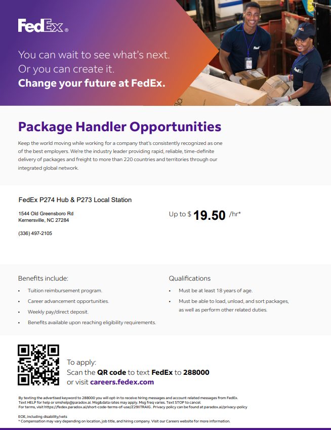 Regional - 📦 Now Hiring: FedEx Package Handlers in Kernersville! FedEx ...