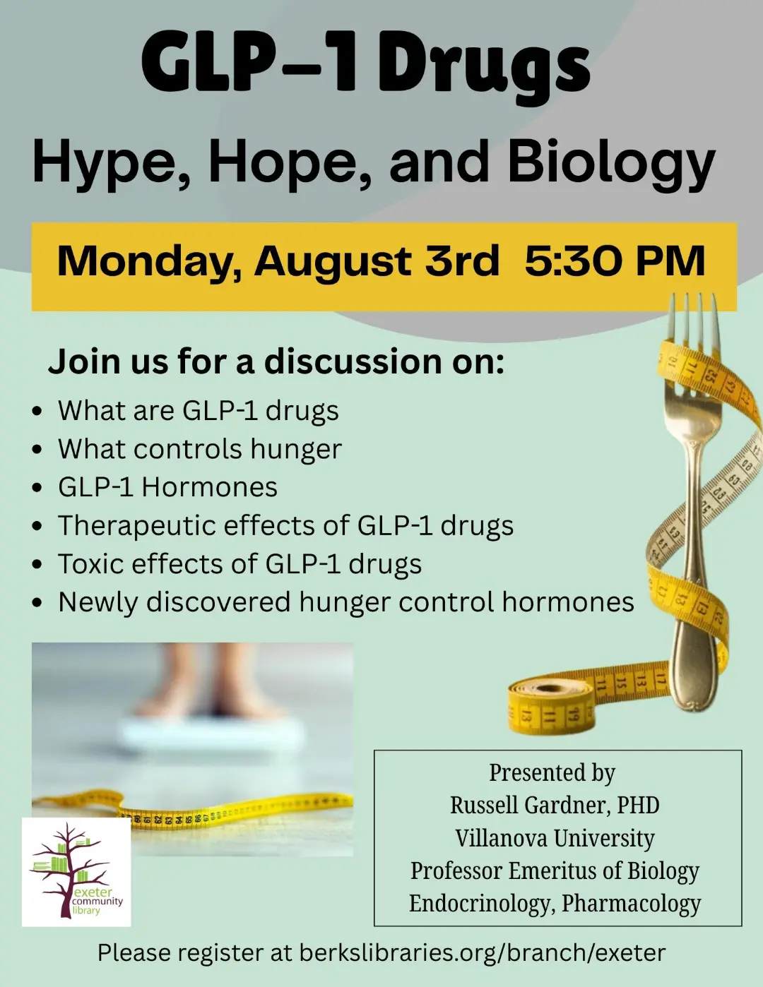 GLP-1 weight loss drugs presentation at Exeter Community Library on August 3rd