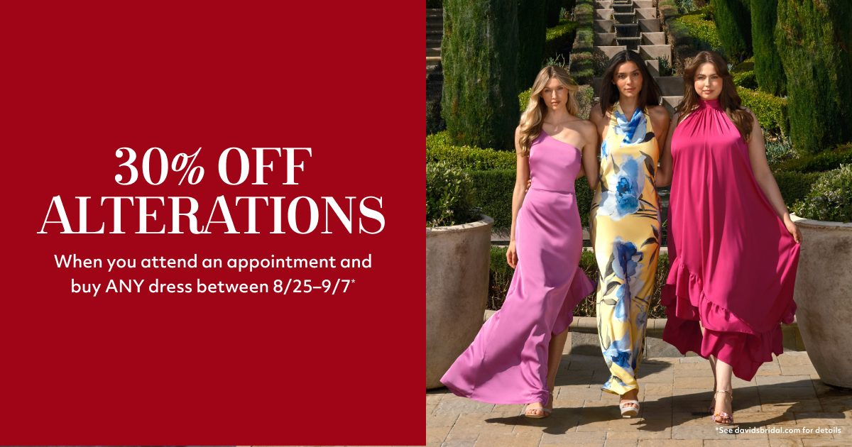davids bridal bridesmaid dress alterations Say yes to the dress. Say yes to the perfect fit. 👗 Book + attend an appointment by Sept 7 and receive 30% off your alterations. Let our Dream Makers work Colour:Paris-Blue TY new multi size long sleeve backless dress