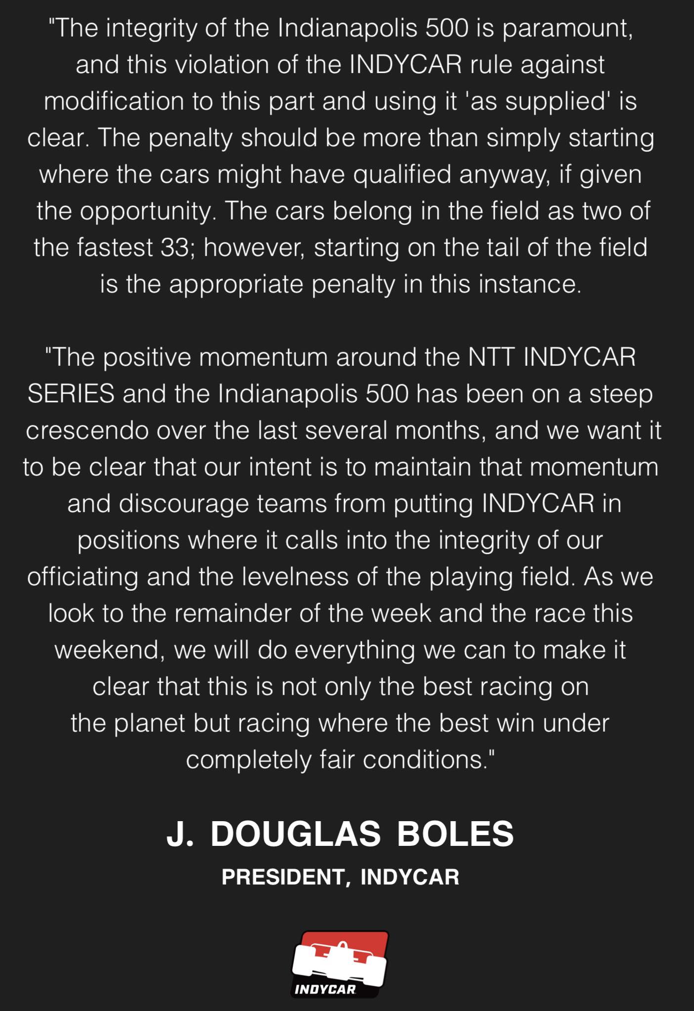 NASCAR - See statment from INDYCAR president J. Douglas Boles below ...