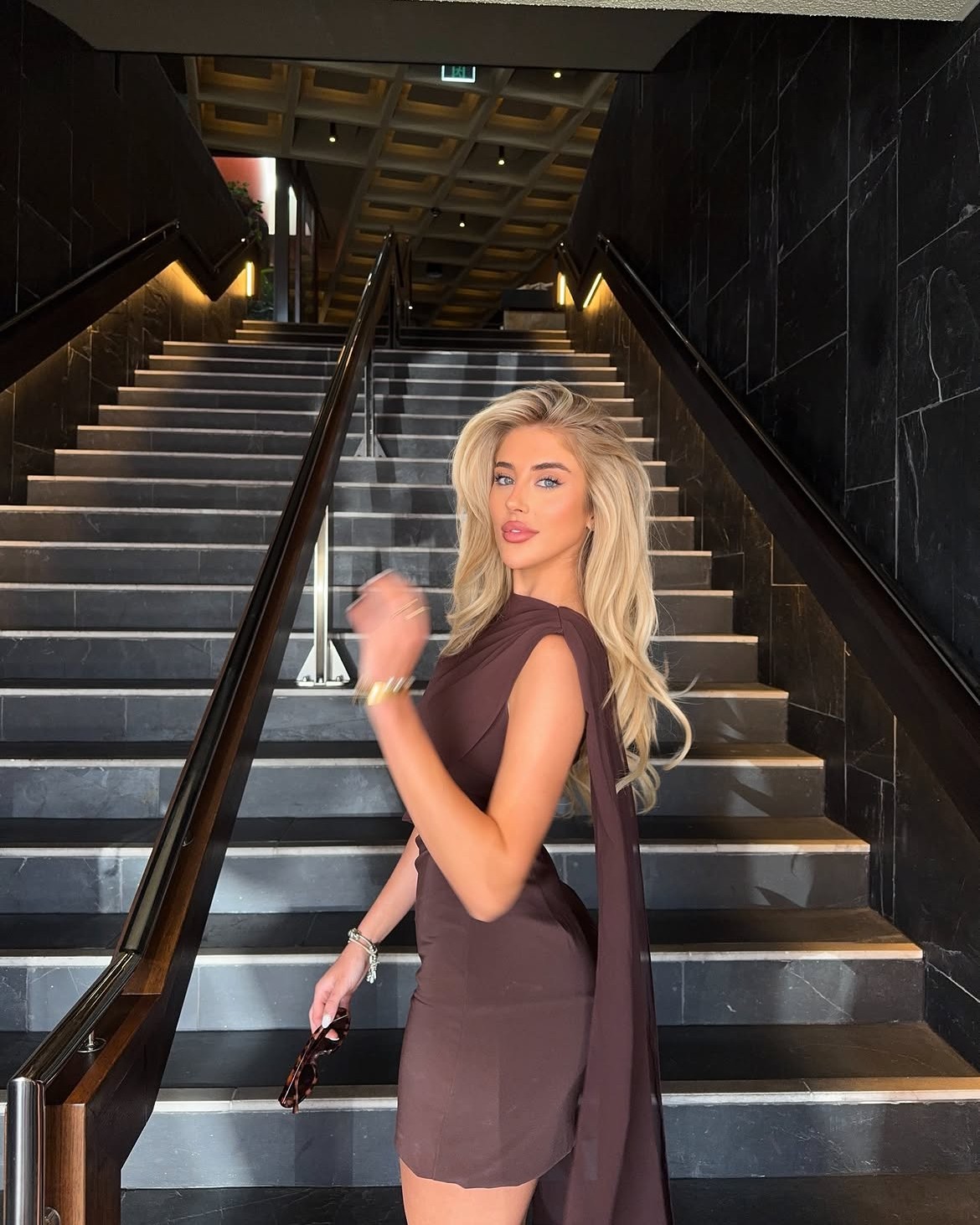 blonde hair brown dress never looked so effortless 🤎 @emleah_ wearing the 'Whimsical Luxe Mini Brown' ✨ #hellomolly size 00 Chocolate Brown Evening Gown, size-womens-clothing_:0 cute brown dress outfit