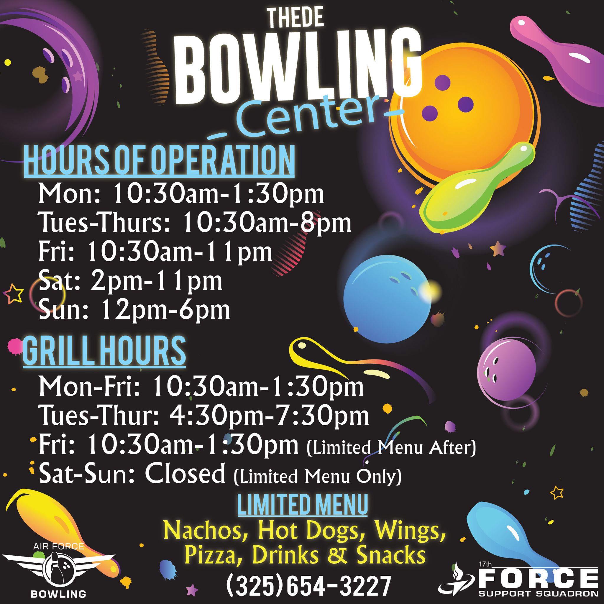 Thede Bowling Center hours and limited menu at Goodfellow AFB