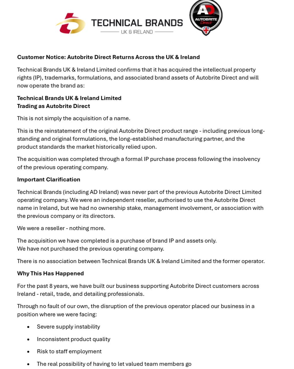 Autobrite Direct enters a new chapter under new ownership 2026 This is a full restoration of the brand - reinstated long-standing formulations, authorised manufacturing, and structured UK, Ireland and Global supply We ve