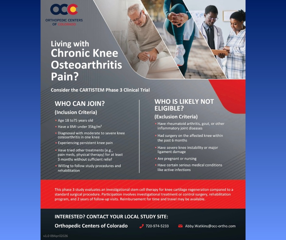Living with chronic knee pain can impact every part of daily life, but new advancements in orthopedic research may help shape the future of treatment. Our team at OCC is currently participating
