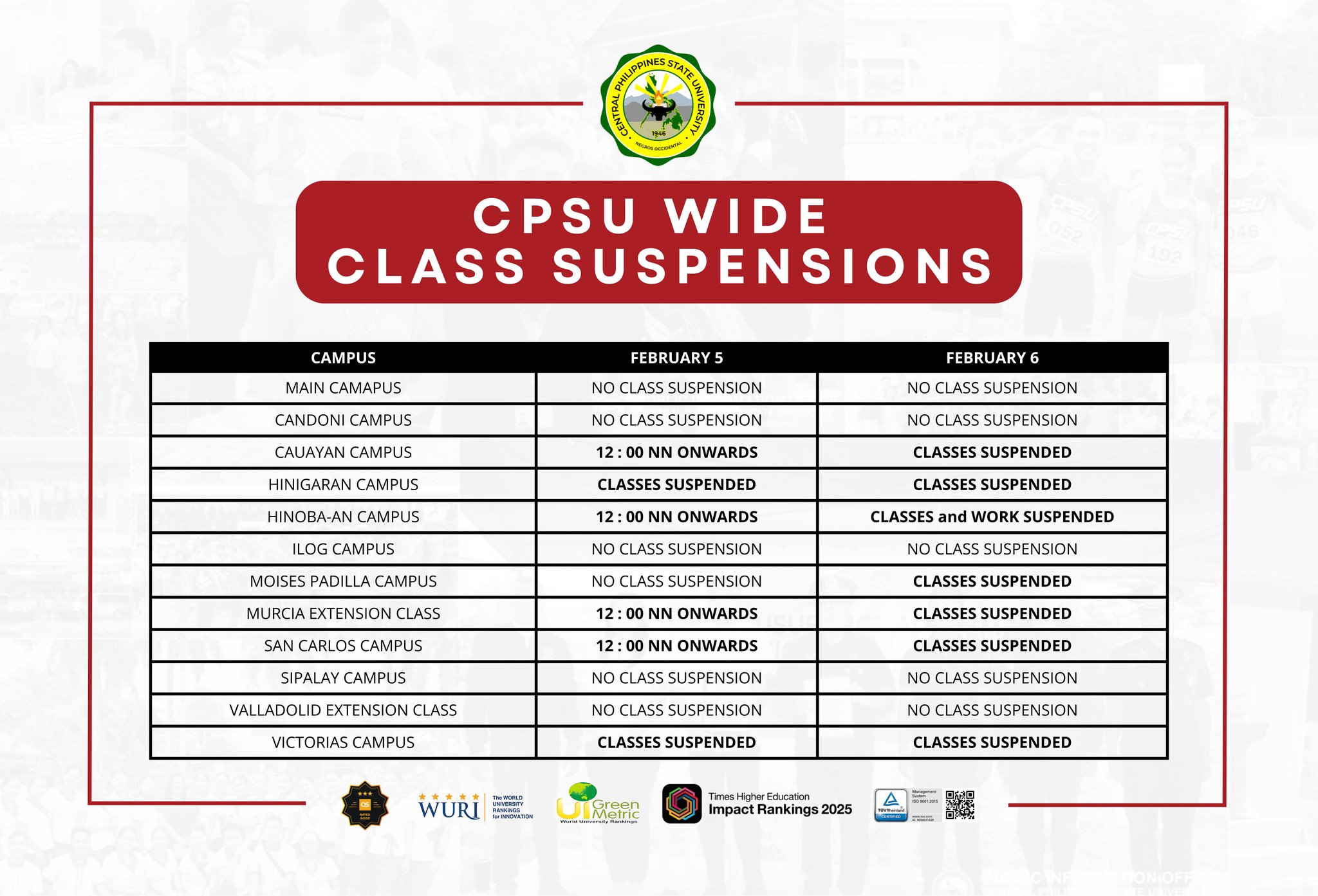 CPSU - 𝗨𝗡𝗜𝗩𝗘𝗥𝗦𝗜𝗧𝗬 𝗔𝗗𝗩𝗜𝗦𝗢𝗥𝗬: 𝗖𝗹𝗮𝘀𝘀 𝗦𝘂𝘀𝗽𝗲𝗻𝘀𝗶𝗼𝗻 𝗨𝗽𝗱𝗮𝘁𝗲 As of 11:22 AM ...