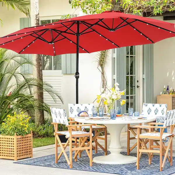 large patio umbrella base PHI VILLA 15ft with & Solar Lights,Rectangle,Navy this base can hold 4 sandbags with a total weight of 420 pounds for optimal stability Large Patio Umbrella's starting at