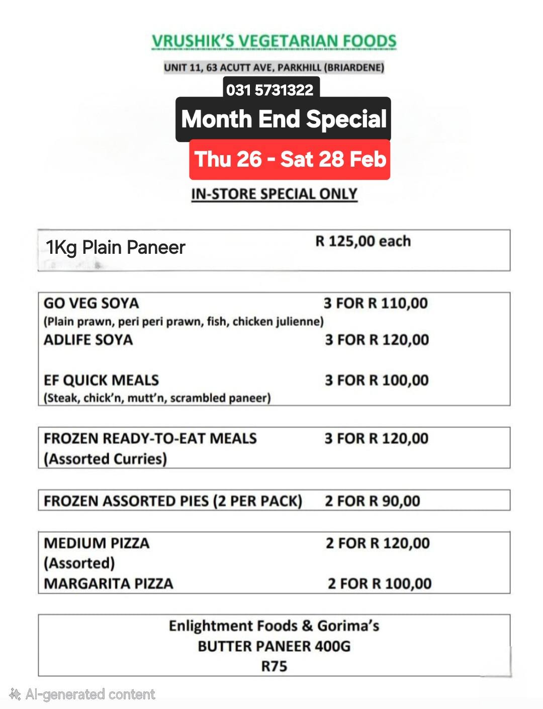 INSTORE MONTH END SPECIAL... - Vrushik's Vegetarian Foods | Facebook