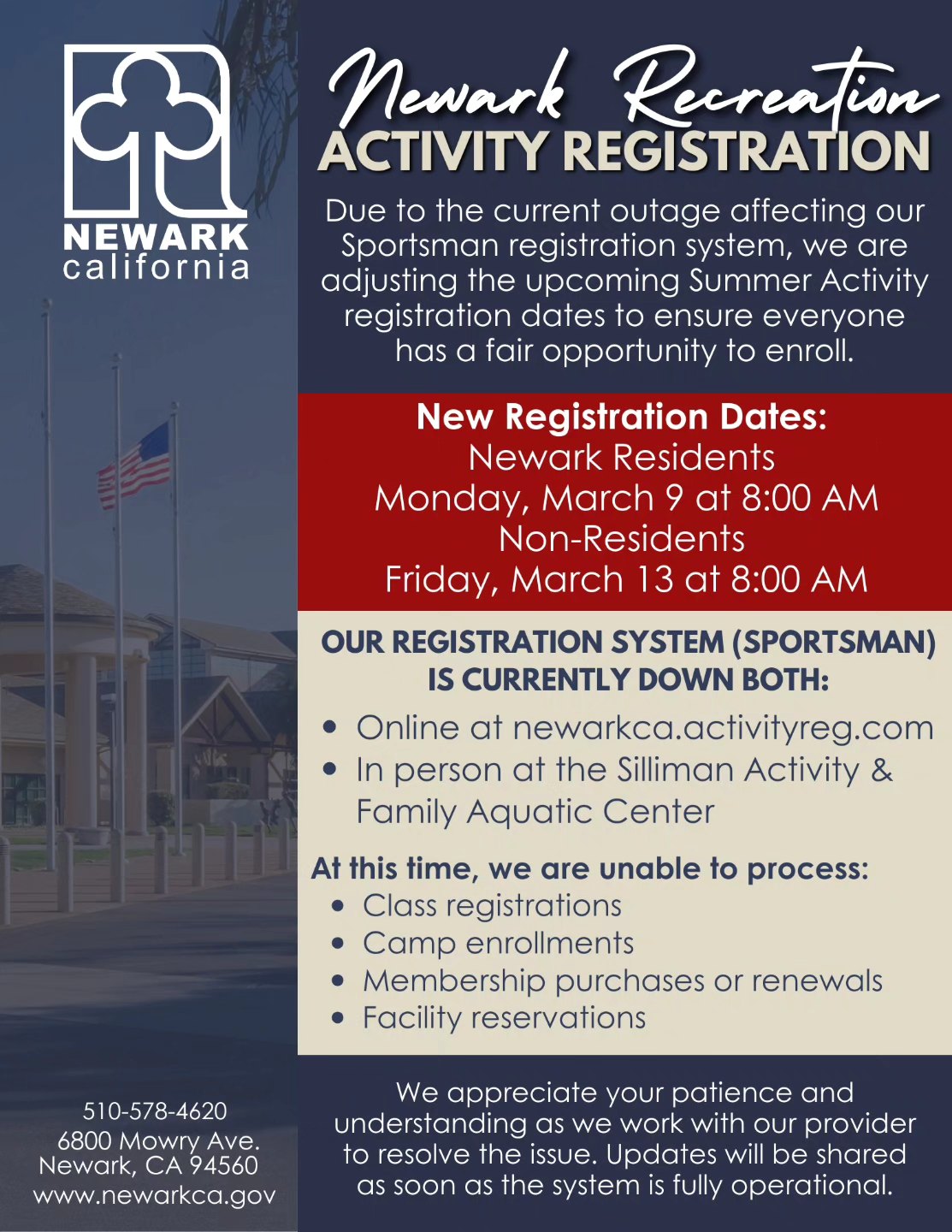 Newark - Activity Registration Update Due to an outage affecting the ...