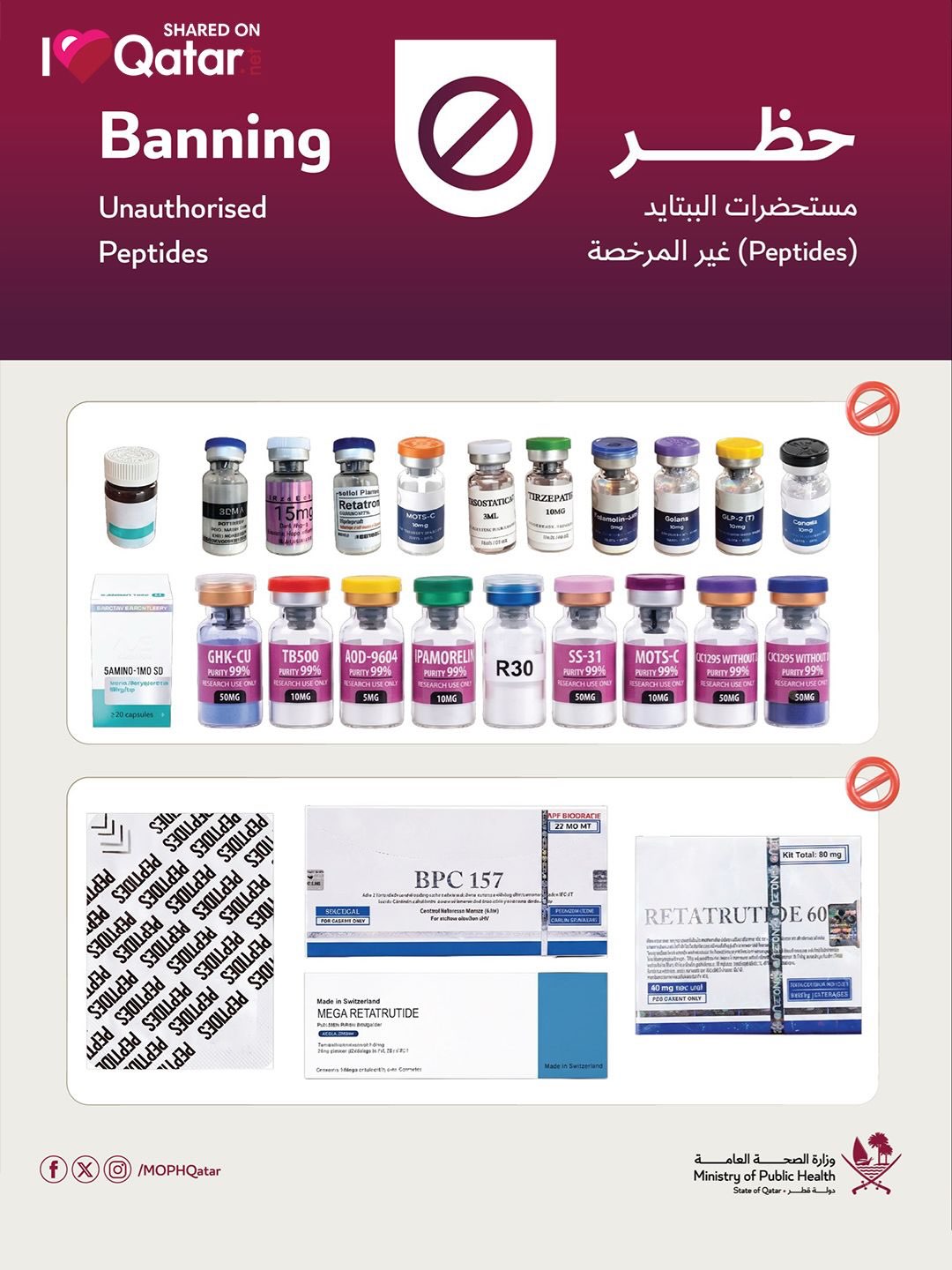 aod9604 banned 💉❌ On 25 August 2026, Ministry of Public Health (MOPH) issued a circular prohibiting the handling, distribution, use & promotion of unlicensed peptides, including BPC-157, Retatrutide & MOTS-c. 👉 The circular states Size:30mL