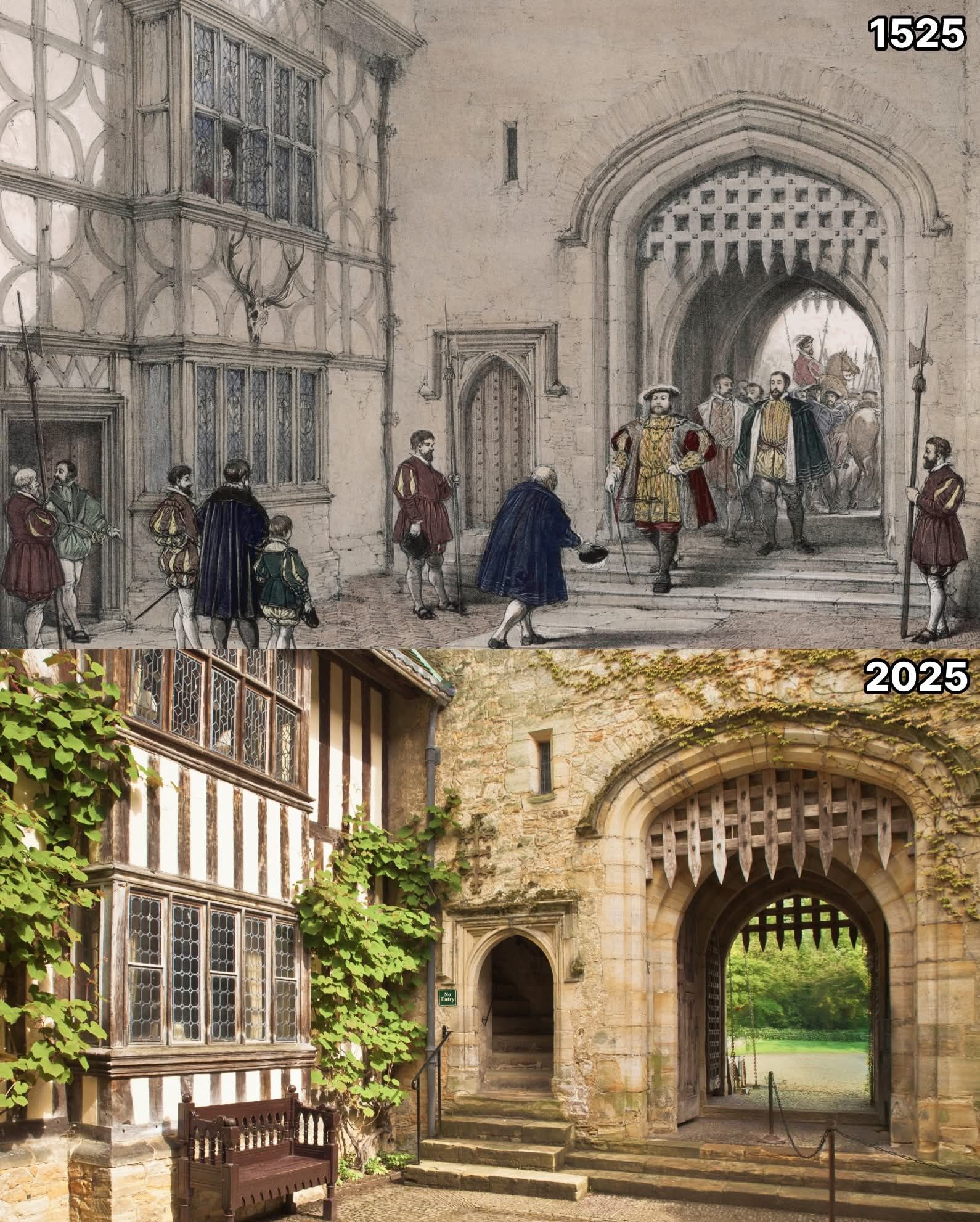 Hever Castle, five hundred years apart. The upper image is a 
