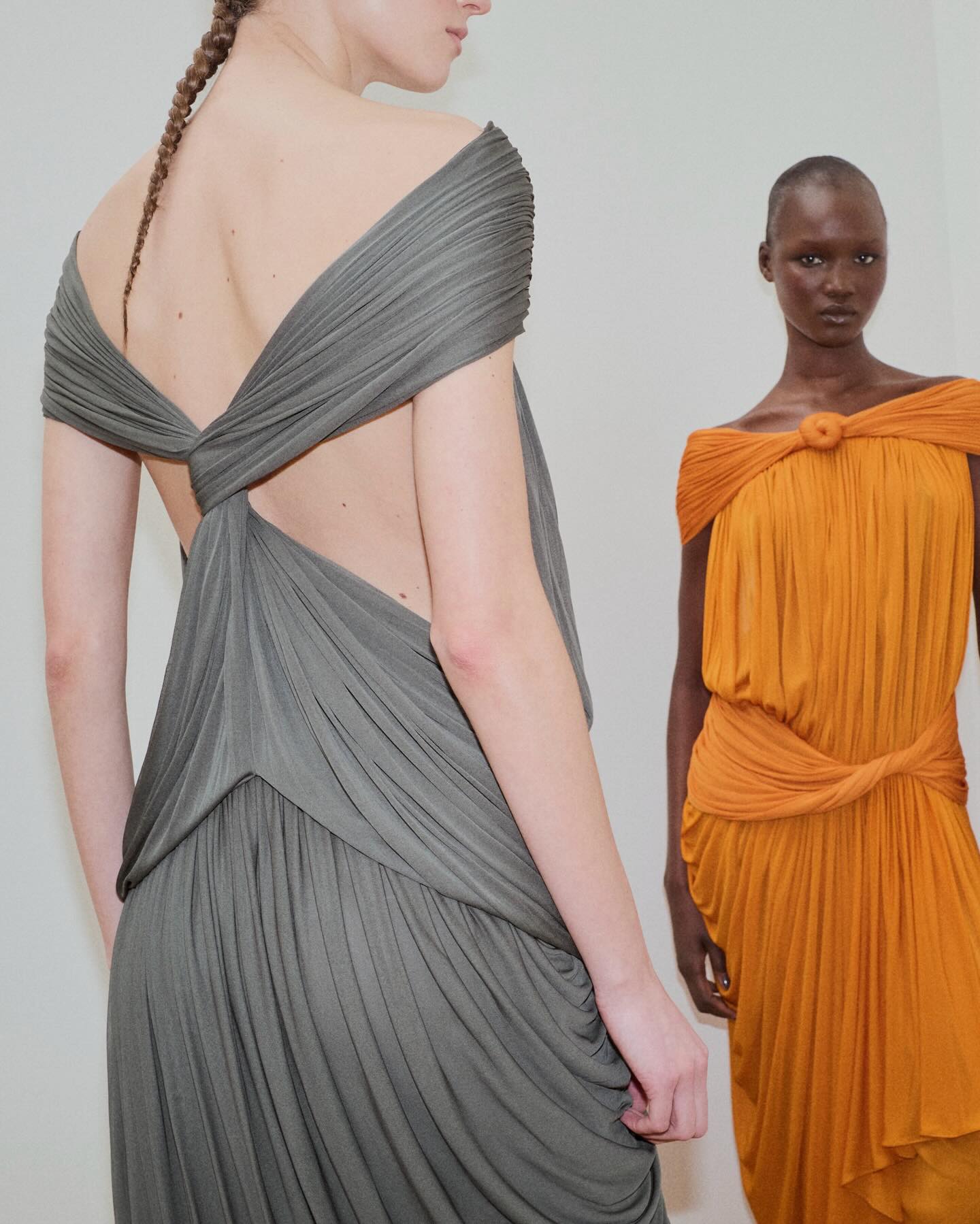 Our twisted jersey dress from the Fall 2026 runway, made in white 