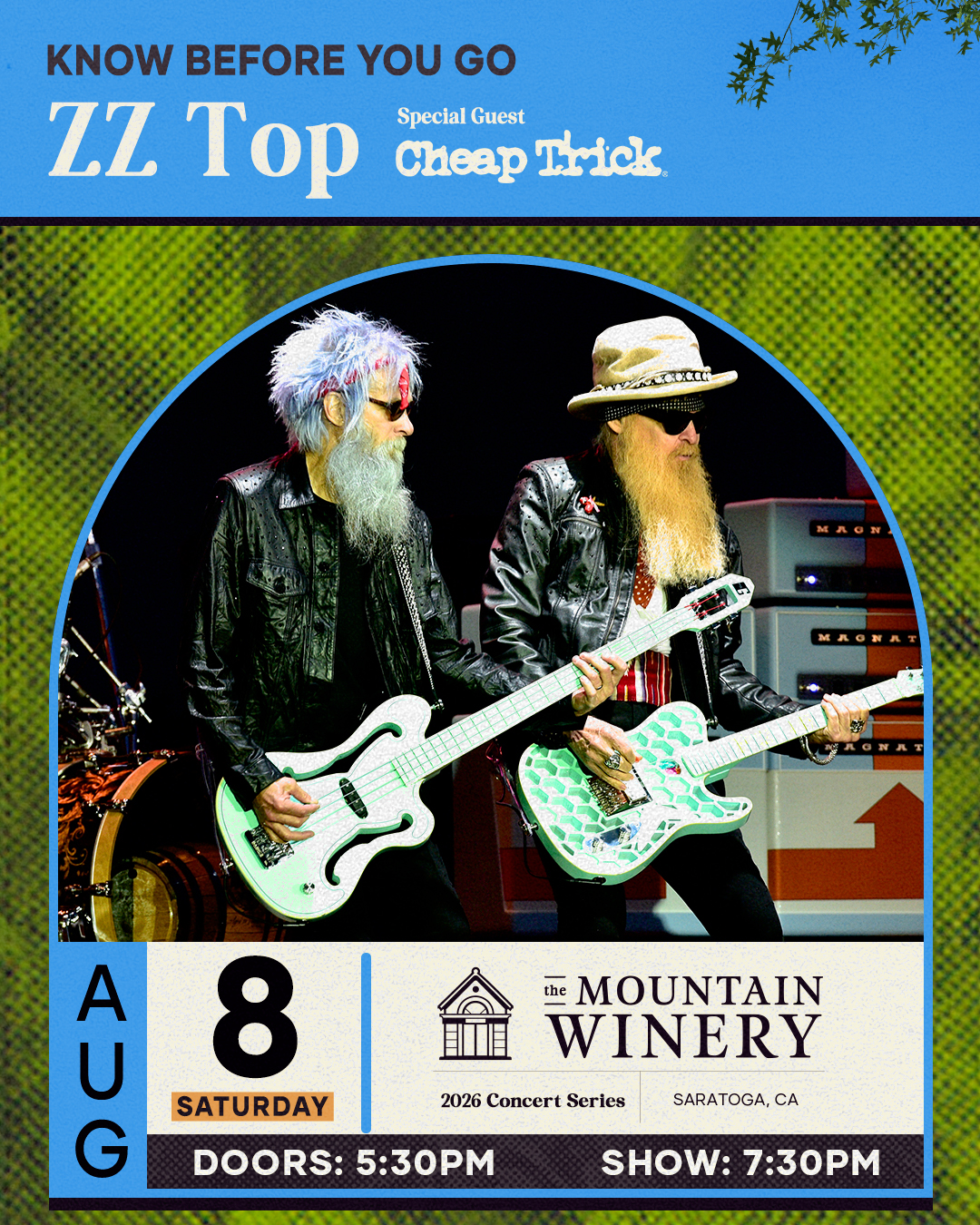TONIGHT! ZZ Top with special guest Cheap Trick. 🎟👉mountainwinery.com