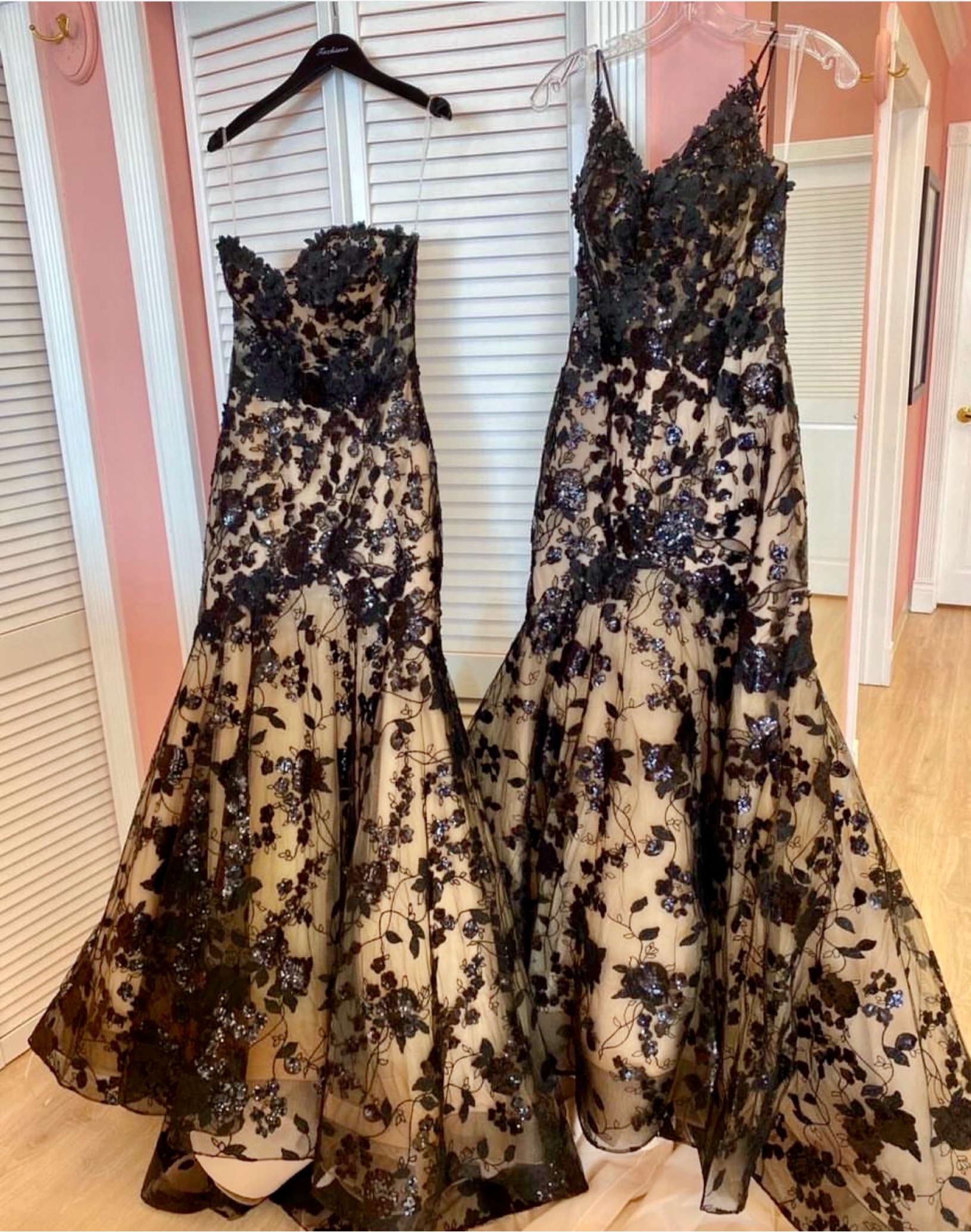 Unique black floral lace wedding dress found at Facchiano's Bridal in Broken Arrow, Oklahoma