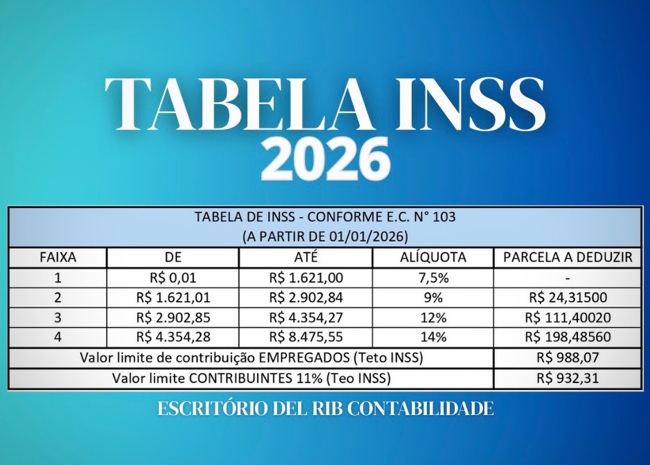 🚨 TABELA INSS 2026 🚨 - Escritório Del-Rib Contabilidade | Facebook
