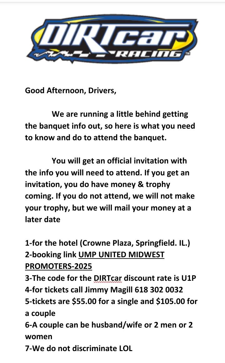 KidModz - 2025 Dirtcar Awards Banquet info. Please car the office to ...