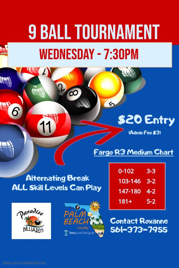 🎱 9-Ball Tournament Tonight! 🎱 📍... - Paradise Billiards | Facebook