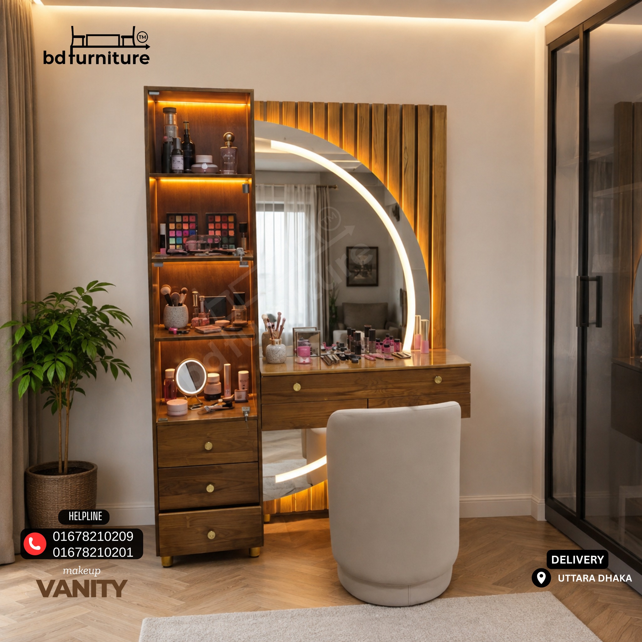 Modern Makeup Vanity Design in Bangladesh | Premium Wooden Makeup Dressing Table with Stylish LED Mirror & Smart Storage