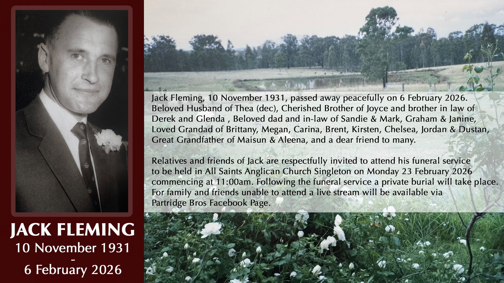 In Loving Memory Of Jack Fleming - Partridge Bros. Singleton | Facebook