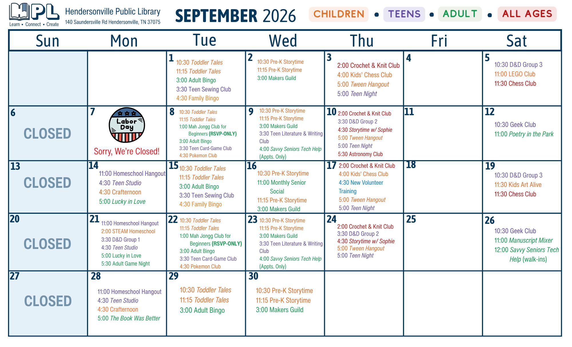 Here's our September calendar! Be sure to check out our events