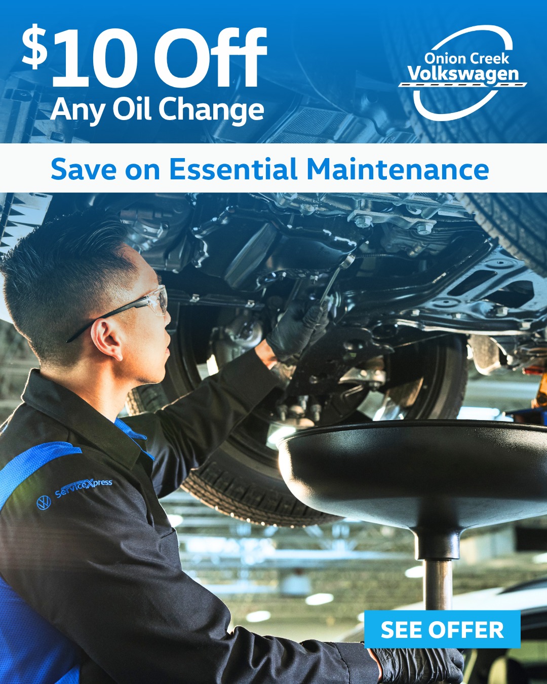 Get $10 off oil change at Onion Creek Volkswagen