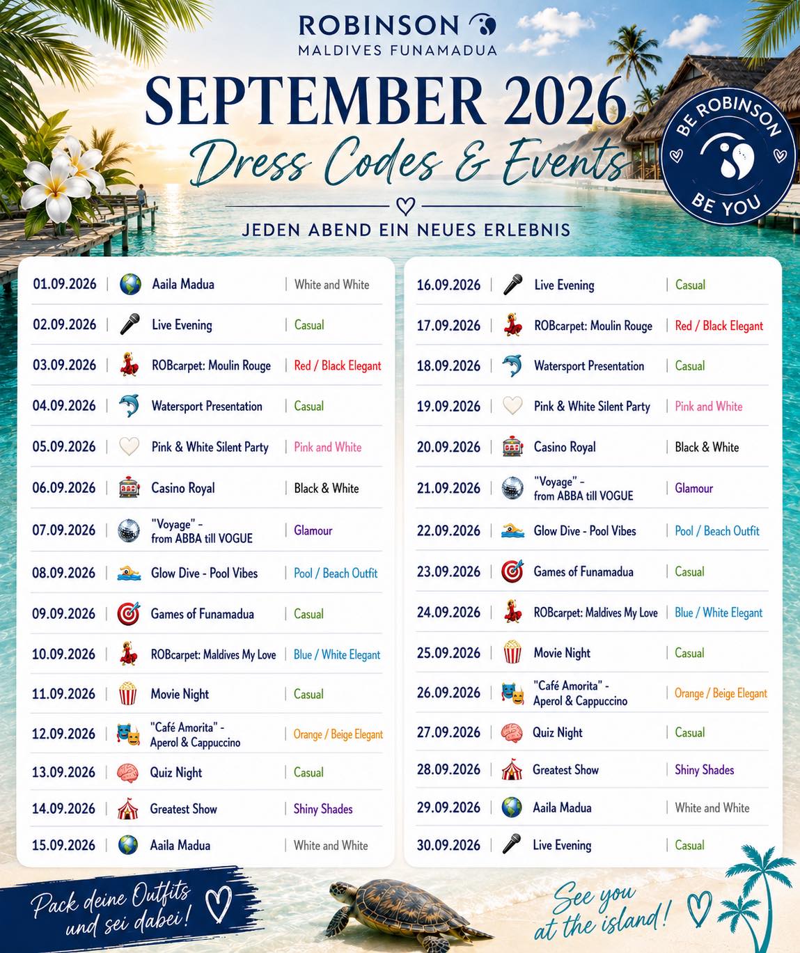 September auf Funamadua 🌴✨ Auch im September sorgen unsere wechselnden Mottos und Dress Codes für besondere Abende und immer wieder neue Inselmomente. 🩵 Wer Lust hat, darf sich gerne passend zum jeweiligen