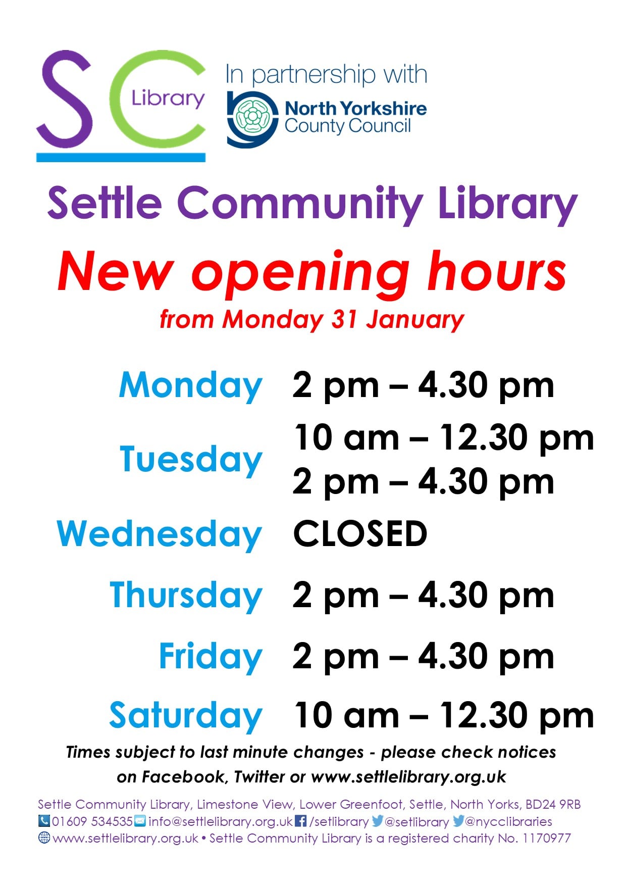 New opening hours! - Settle Community Library | Facebook