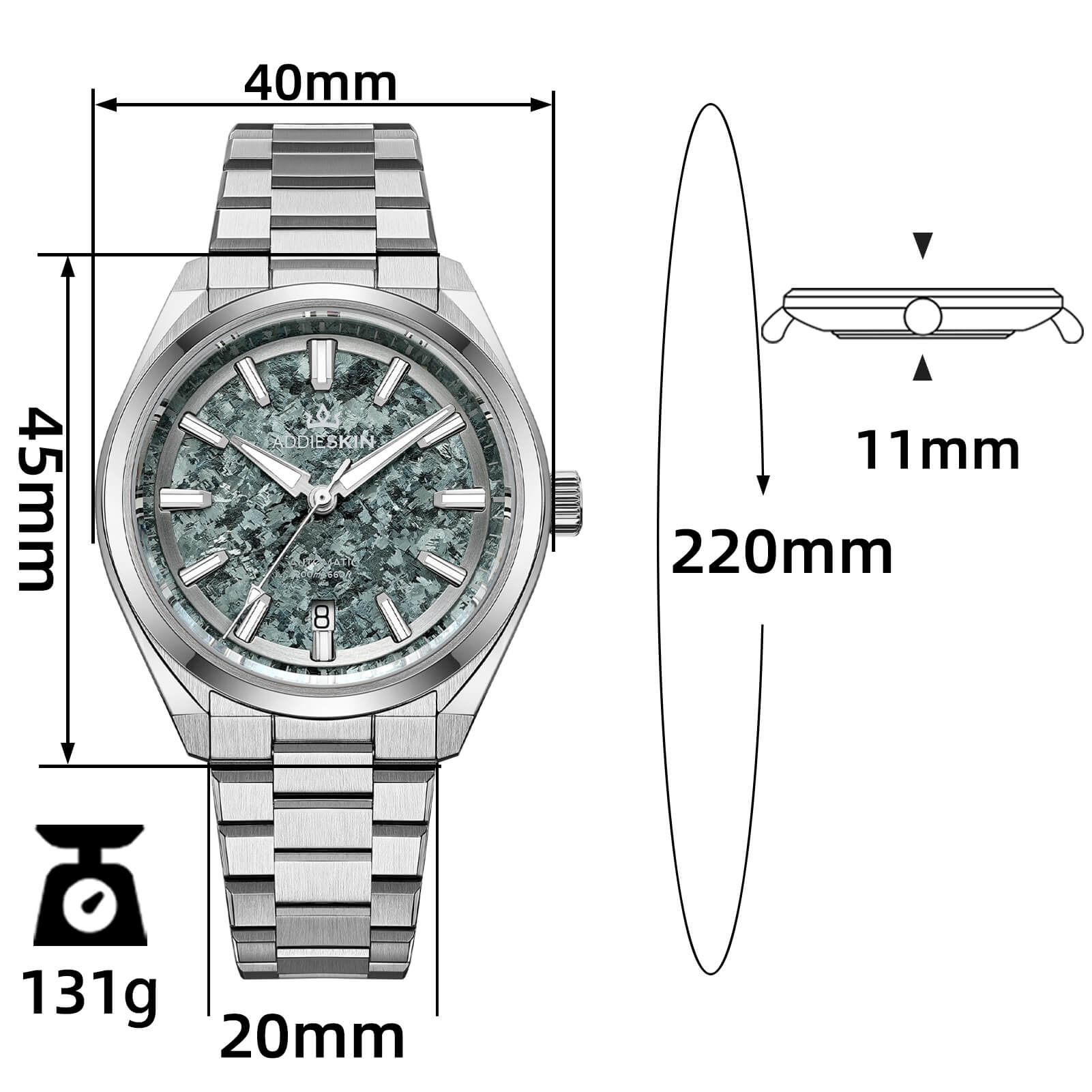 Addieskin K006 luxury automatic watch with crystallized titanium dial