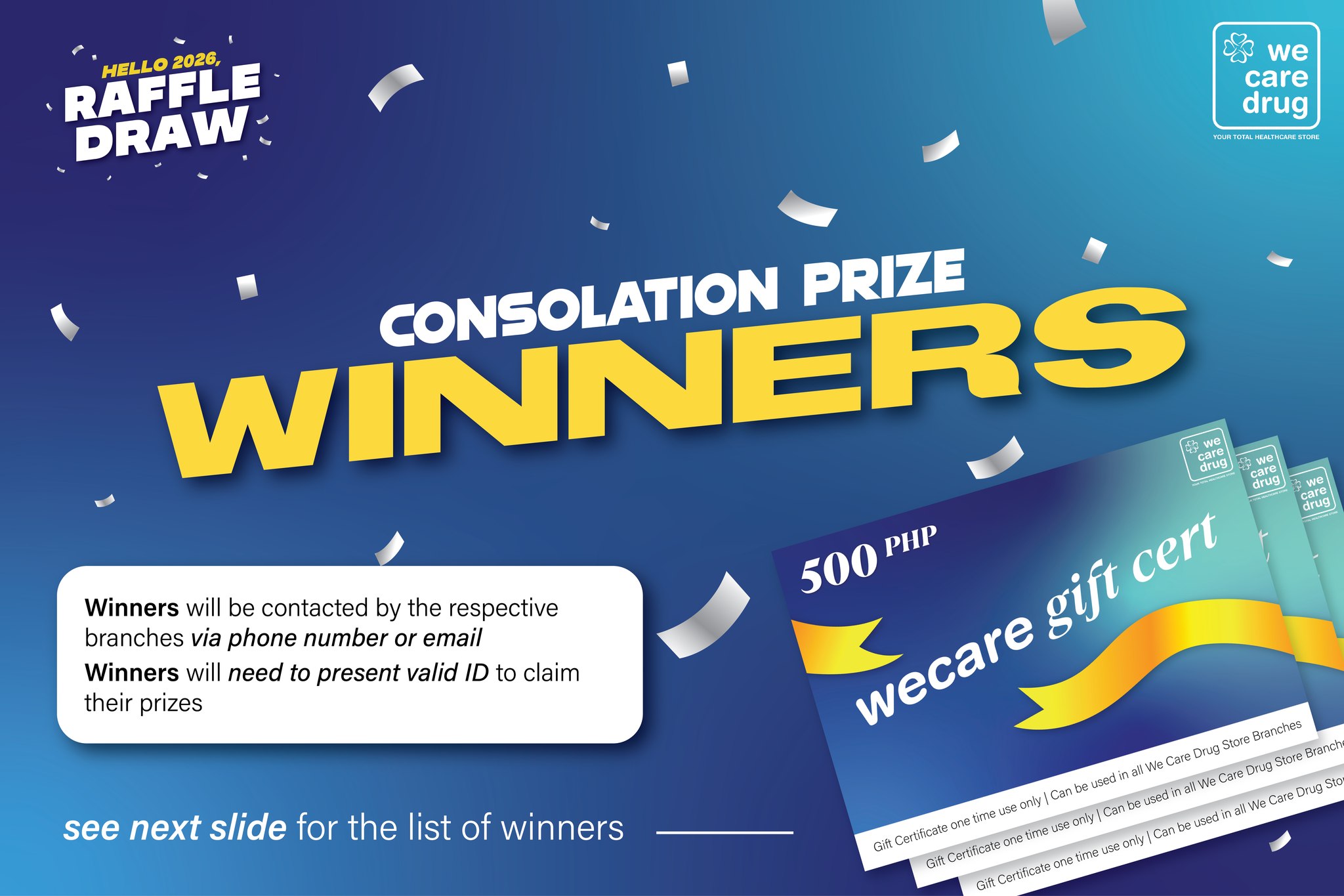 We Care Drug - 🎉 HELLO 2026 RAFFLE DRAW – CONSOLATION... | Facebook